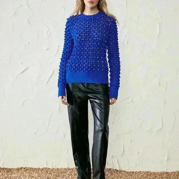 Blue Preppy Womens Solid Pointelle Knit Sweater - Picture 3 of 7